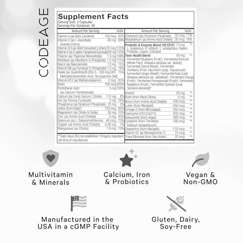 Codeage Gençler İçin Günlük Multivitamin Takviyesi, 25+ Vitamin ve Mineral, Ergen Çocuklar ve Kızlar İçin, Organik Tam Gıda Vitaminleri, A, B, C, D, E, K, Omega-3, 60 Adet - 2