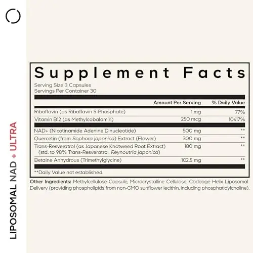 Codeage Liposomal NAD+ Resveratrol va Vitamin B bilan - Energiya va Sog'lom Qarishni Qo'llab-quvvatlash uchun NAD Plus Ultra - Kversetin, Betain, Riboflavin bilan NAD Vitamin qo'shimchasi - Bioavailable - 90 kapsula - CODEAGE (1)