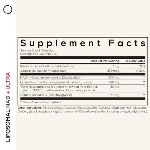 Codeage Liposomal NAD+ Resveratrol va Vitamin B bilan - Energiya va Sog'lom Qarishni Qo'llab-quvvatlash uchun NAD Plus Ultra - Kversetin, Betain, Riboflavin bilan NAD Vitamin qo'shimchasi - Bioavailable - 90 kapsula - CODEAGE (1)