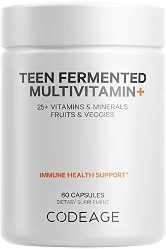 Codeage O'smirlar Uchun Kundalik Multivitamin Qo'shimchasi, 14 yoshdan katta o'g'il va qizlar uchun 25+ vitamin va mineral, O'smirlar uchun Organik Butun Oziq-ovqat Vitaminlari, A, B, C, D, E, K, Omega-3, 60 dona - 1