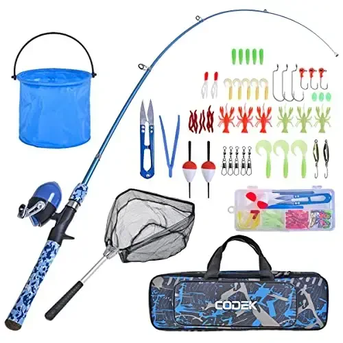 CODEK Kids Fishing Pole Set with Full Starter Kits 2 Set Portable Telescopic Fishing Rod and Spincast Reel Cambos with a Fishing Net and 2 Buckets for Boys Girls and Youth - CODEK