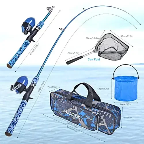 CODEK Kids Fishing Pole Set with Full Starter Kits 2 Set Portable Telescopic Fishing Rod and Spincast Reel Cambos with a Fishing Net and 2 Buckets for Boys Girls and Youth - 4