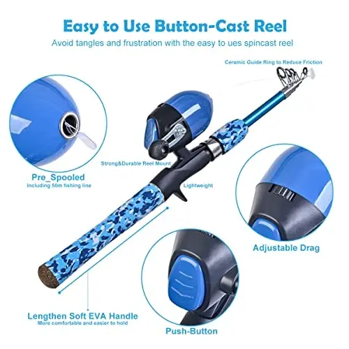 CODEK Kids Fishing Pole Set with Full Starter Kits 2 Set Portable Telescopic Fishing Rod and Spincast Reel Cambos with a Fishing Net and 2 Buckets for Boys Girls and Youth - 2