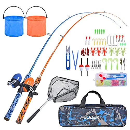 CODEK Kids Fishing Pole Set with Full Starter Kits 2 Set Portable Telescopic Fishing Rod and Spincast Reel Cambos with a Fishing Net and 2 Buckets for Boys Girls and Youth - CODEK