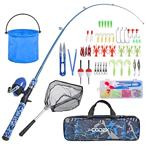 CODEK Kids Fishing Pole Set with Full Starter Kits 2 Set Portable Telescopic Fishing Rod and Spincast Reel Cambos with a Fishing Net and 2 Buckets for Boys Girls and Youth - 1
