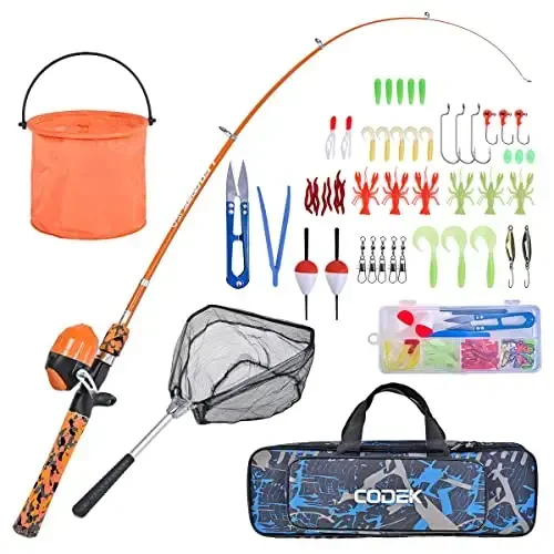 CODEK Kids Fishing Pole to'plami to'liq starter to'plamlari bilan 2 to'plam Portativ teleskopik baliq ovlash qarmoq va Spincast g'altak Cambos baliq ovlash tarmog'i va o'g'il bolalar, qizlar va yoshlar uchun 2 chelak - 1