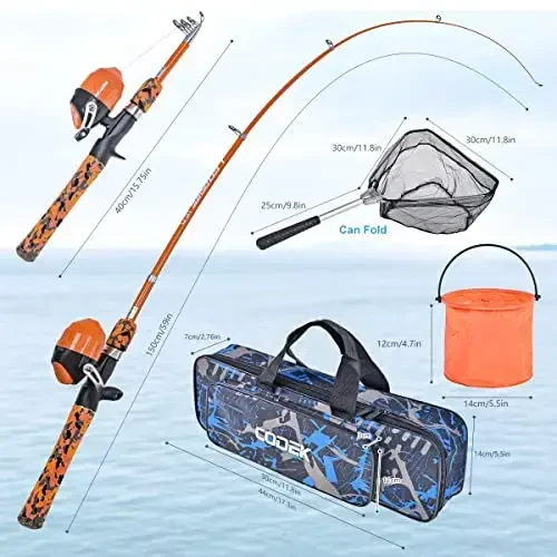 CODEK Kids Fishing Pole to'plami to'liq starter to'plamlari bilan 2 to'plam Portativ teleskopik baliq ovlash qarmoq va Spincast g'altak Cambos baliq ovlash tarmog'i va o'g'il bolalar, qizlar va yoshlar uchun 2 chelak - 4
