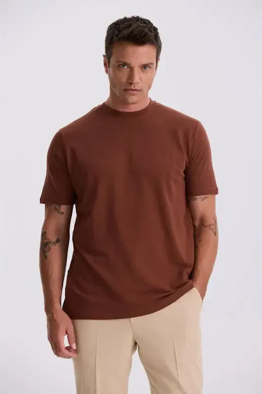 Coffee 100% Cotton Patterned Scoop Neck T-Shirt - 1