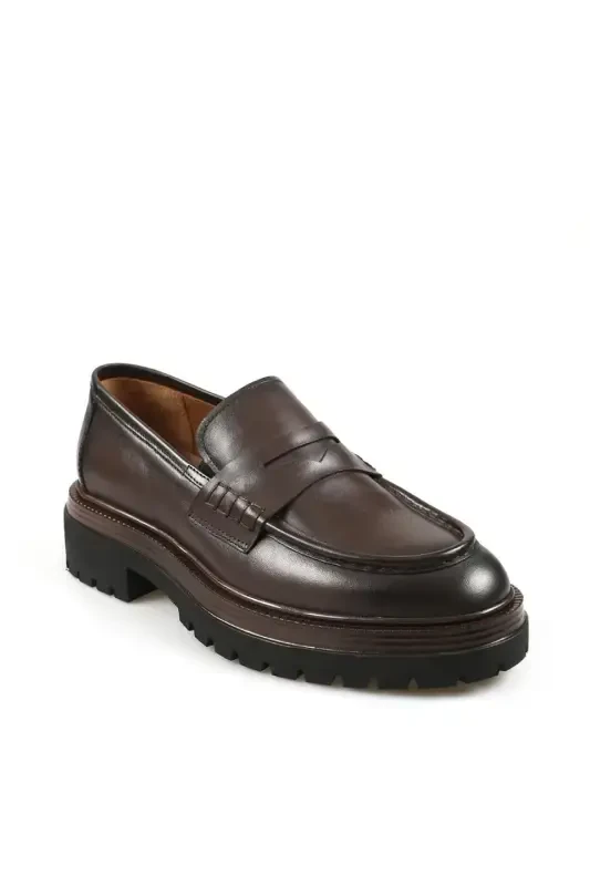 Coffee 100% Leather High Sole Loafer Shoes - 2