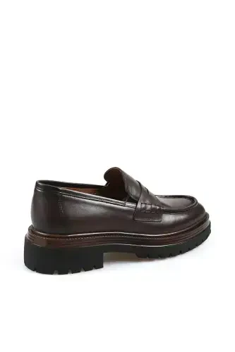 Coffee 100% Leather High Sole Loafer Shoes - 3