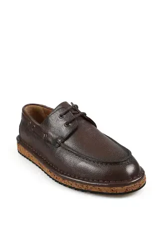 Coffee %100 Leather Lace-up Eva Sole Casual Shoes - 1