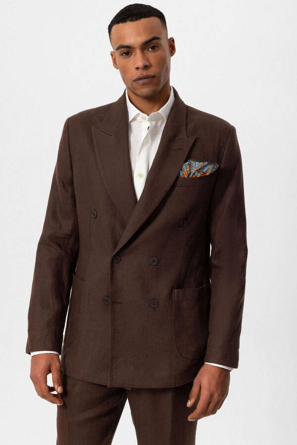 Coffee 100% Linen Double-Breasted Men's Blazer Jacket - 15