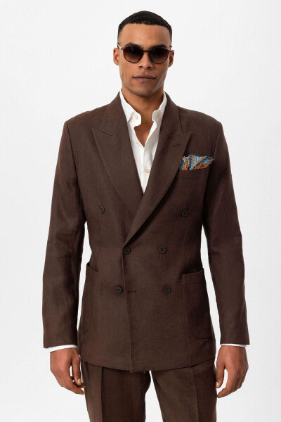 Coffee 100% Linen Double-Breasted Men's Blazer Jacket - 16