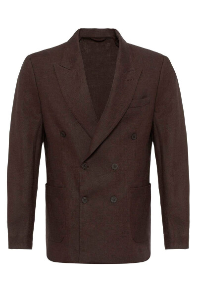 Coffee 100% Linen Double-Breasted Men's Blazer Jacket - 7