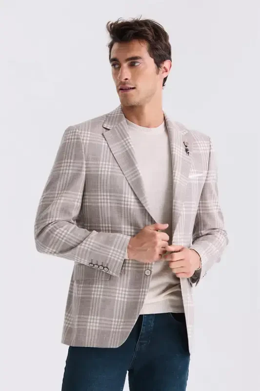 Coffee Classic Cut Plaid Mono Collar Jacket - 1