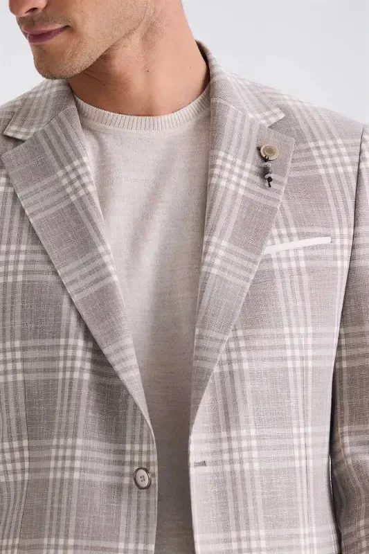 Coffee Classic Cut Plaid Mono Collar Jacket - 2