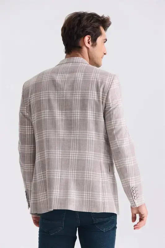 Coffee Classic Cut Plaid Mono Collar Jacket - 3