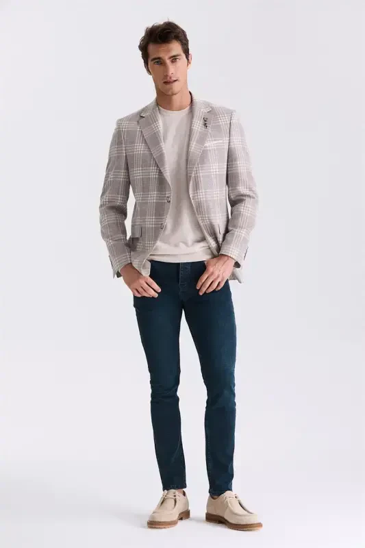 Coffee Classic Cut Plaid Mono Collar Jacket - 4