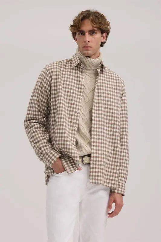 Coffee Classic Fit Checkered 100% Cotton Shirt - JAKAMEN