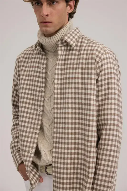 Coffee Classic Fit Checkered 100% Cotton Shirt - 3