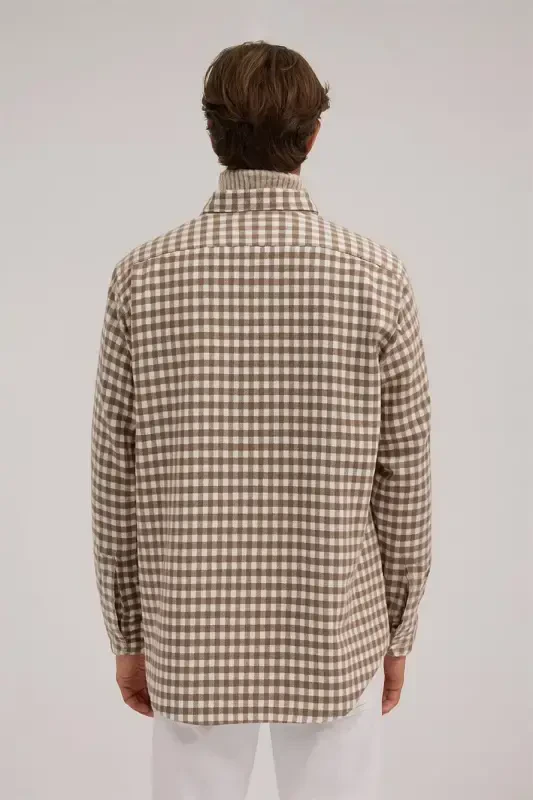 Coffee Classic Fit Checkered 100% Cotton Shirt - 4