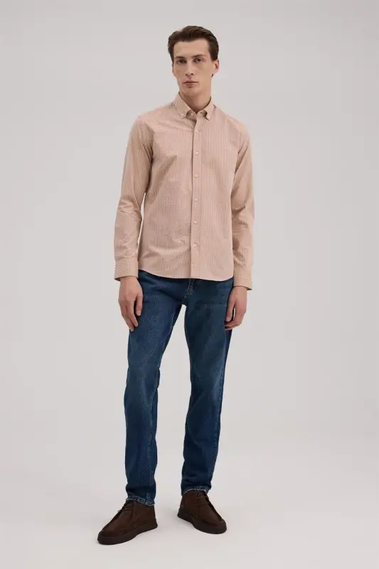 Coffee Comfort Fit 100% Cotton Striped Shirt - JAKAMEN