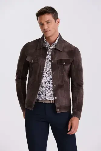 Coffee Comfort Fit Baby Collar Pocket 100% Leather Jacket - 1