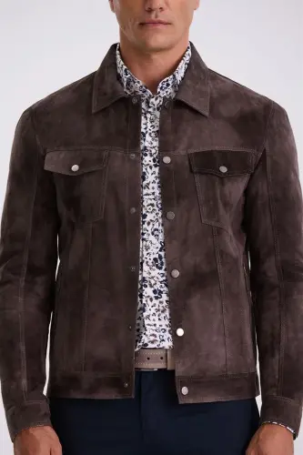 Coffee Comfort Fit Baby Collar Pocket 100% Leather Jacket - 3