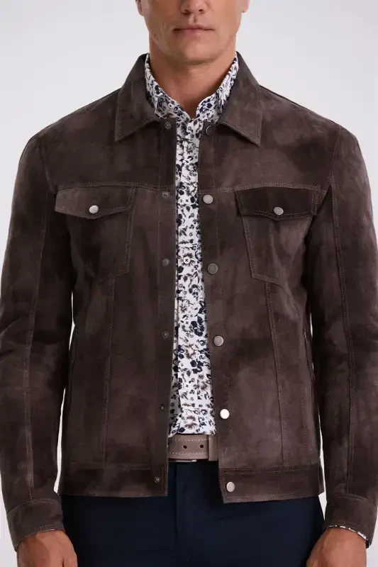 Coffee Comfort Fit Baby Collar Pocket 100% Leather Jacket - 3