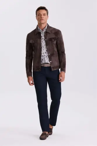 Coffee Comfort Fit Baby Collar Pocket 100% Leather Jacket - JAKAMEN (1)