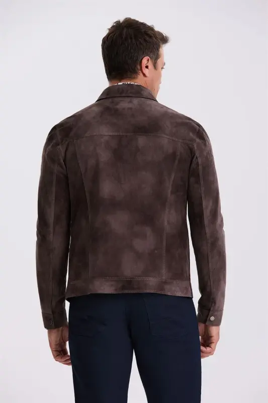 Coffee Comfort Fit Baby Collar Pocket 100% Leather Jacket - 4