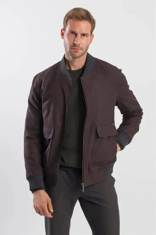 Coffee Comfort Fit College Collar Striped Jacket - JAKAMEN