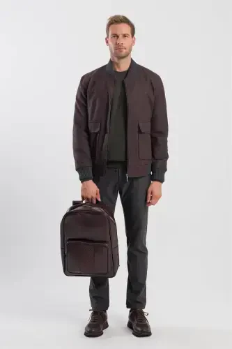 Coffee Comfort Fit College Neck Striped Jacket - 2