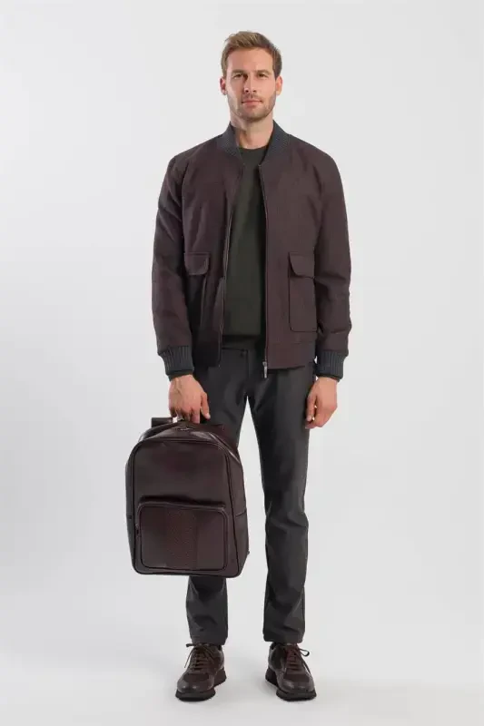 Coffee Comfort Fit College Neck Striped Jacket - 2