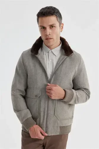 Coffee Comfort Fit Fur Collar Wool Coat - 2