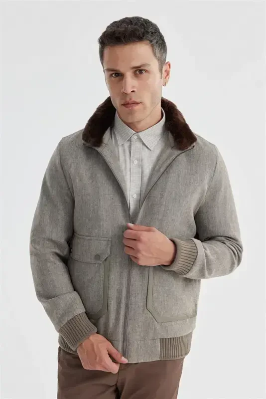 Coffee Comfort Fit Fur Collar Wool Coat - 2