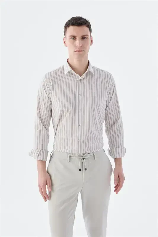 Coffee Comfort Fit Patterned Stretch Cotton Sports Shirt - 1