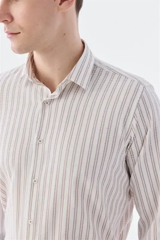 Coffee Comfort Fit Patterned Stretch Cotton Sports Shirt - 3