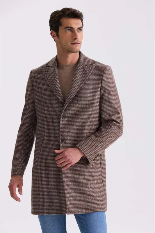 Coffee Comfort Fit Pointed Collar Plaid Pattern Wool Cashmere Coat - 1