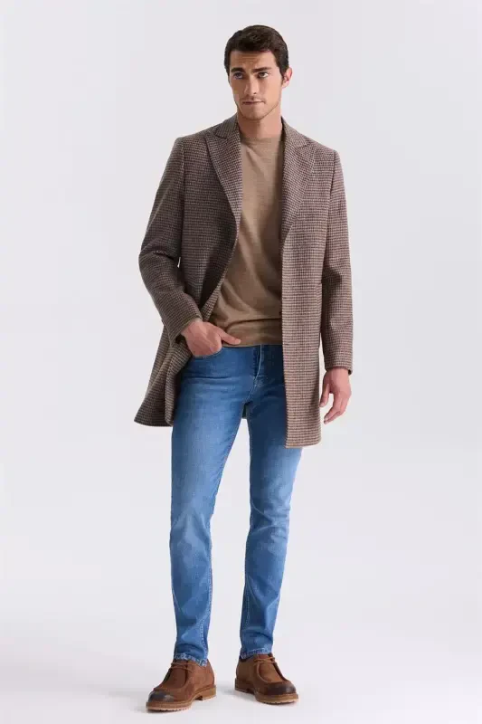 Coffee Comfort Fit Pointed Collar Plaid Pattern Wool Cashmere Coat - 2