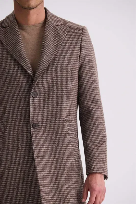 Coffee Comfort Fit Pointed Collar Plaid Pattern Wool Cashmere Coat - 3