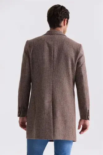 Coffee Comfort Fit Pointed Collar Plaid Pattern Wool Cashmere Coat - 4