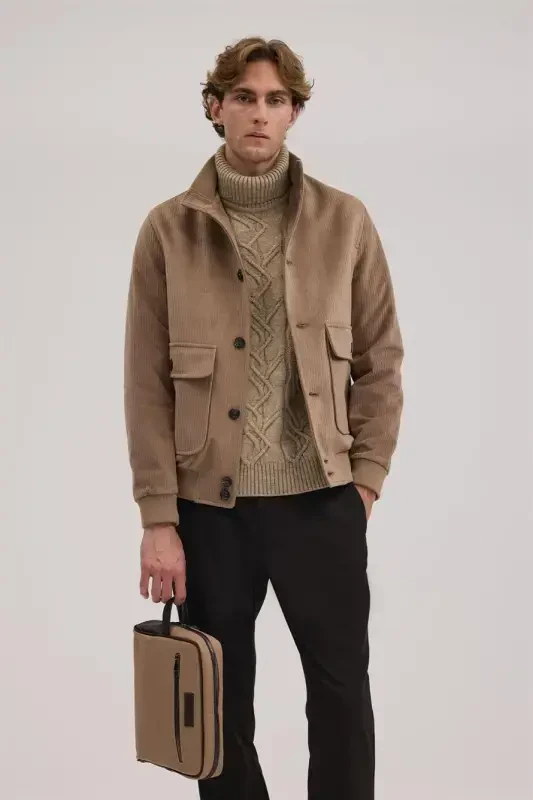 Coffee Comfort Fit Stand Up Collar Velvet Jacket - 1