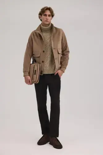 Coffee Comfort Fit Stand Up Collar Velvet Jacket - 2