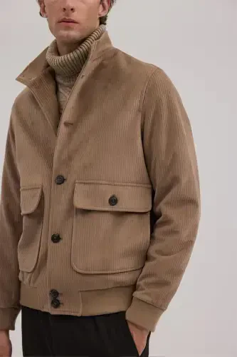 Coffee Comfort Fit Stand Up Collar Velvet Jacket - 3