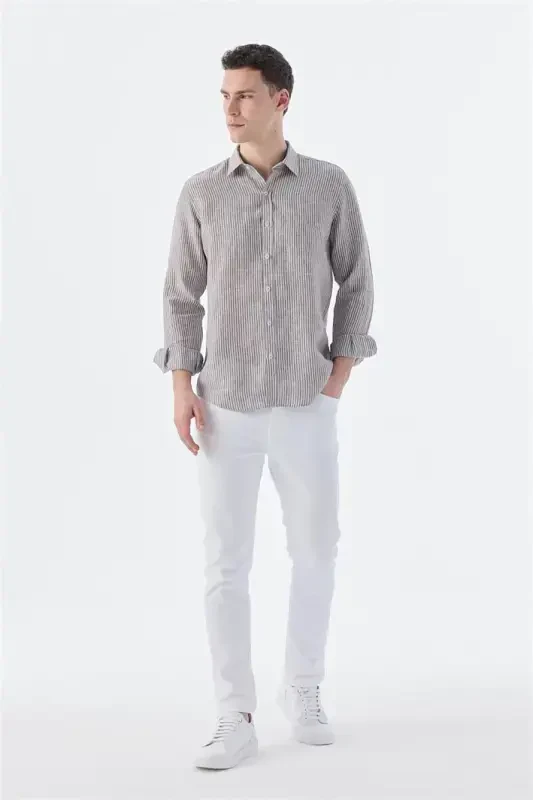 Coffee Comfort Fit Striped 100% Linen Shirt - 2
