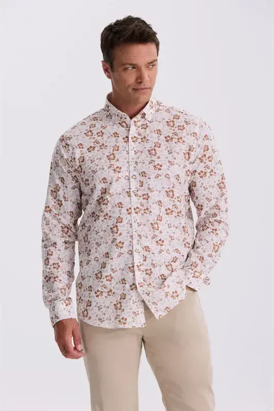Coffee Flower Patterned Collar Buttoned Comfort Fit Shirt - 1