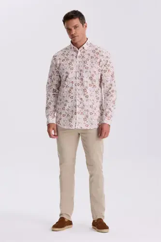 Coffee Flower Patterned Collar Buttoned Comfort Fit Shirt - JAKAMEN (1)