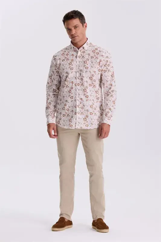 Coffee Flower Patterned Collar Buttoned Comfort Fit Shirt - 2