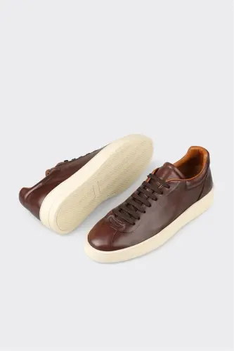 Coffee Leather Men's Sneakers - 3